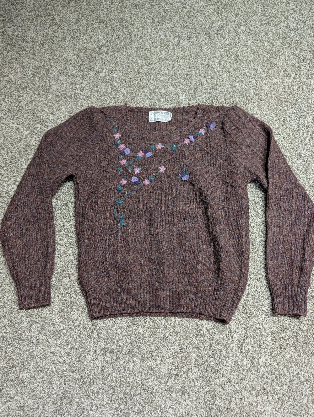 Vintage Components By Susan Bristol Hand Embroidered Cable Knit Sweater Size S
